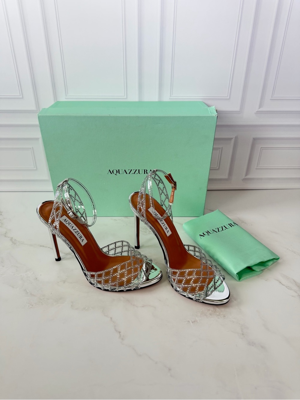 Aquazzura Lumiere Sandal 105 Silver Crystal PVC Heels EU 36 NIB MSRP $1650
